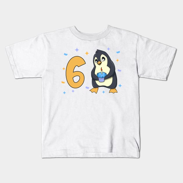 I am 6 with penguin - kids birthday 6 years old Kids T-Shirt by Modern Medieval Design